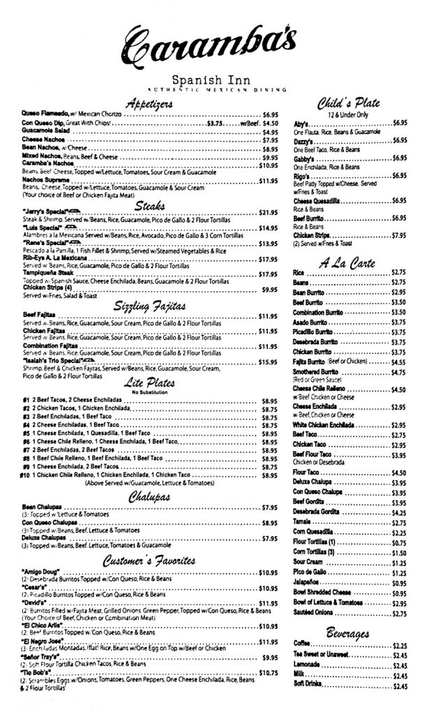 Carambas Spanish Inn menu 2